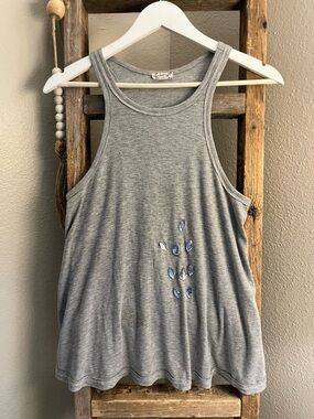 Free People Heather Gray Tank with Blue Accent Embellishments